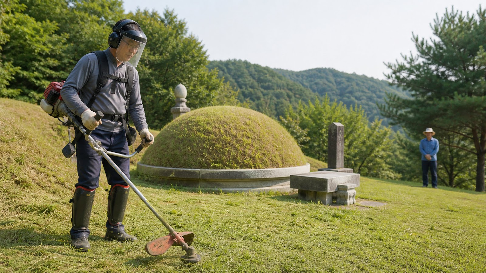 안면보호구와 정강이 보호대, 안전화를 착용하고 예초기로 벌초하는 작업자