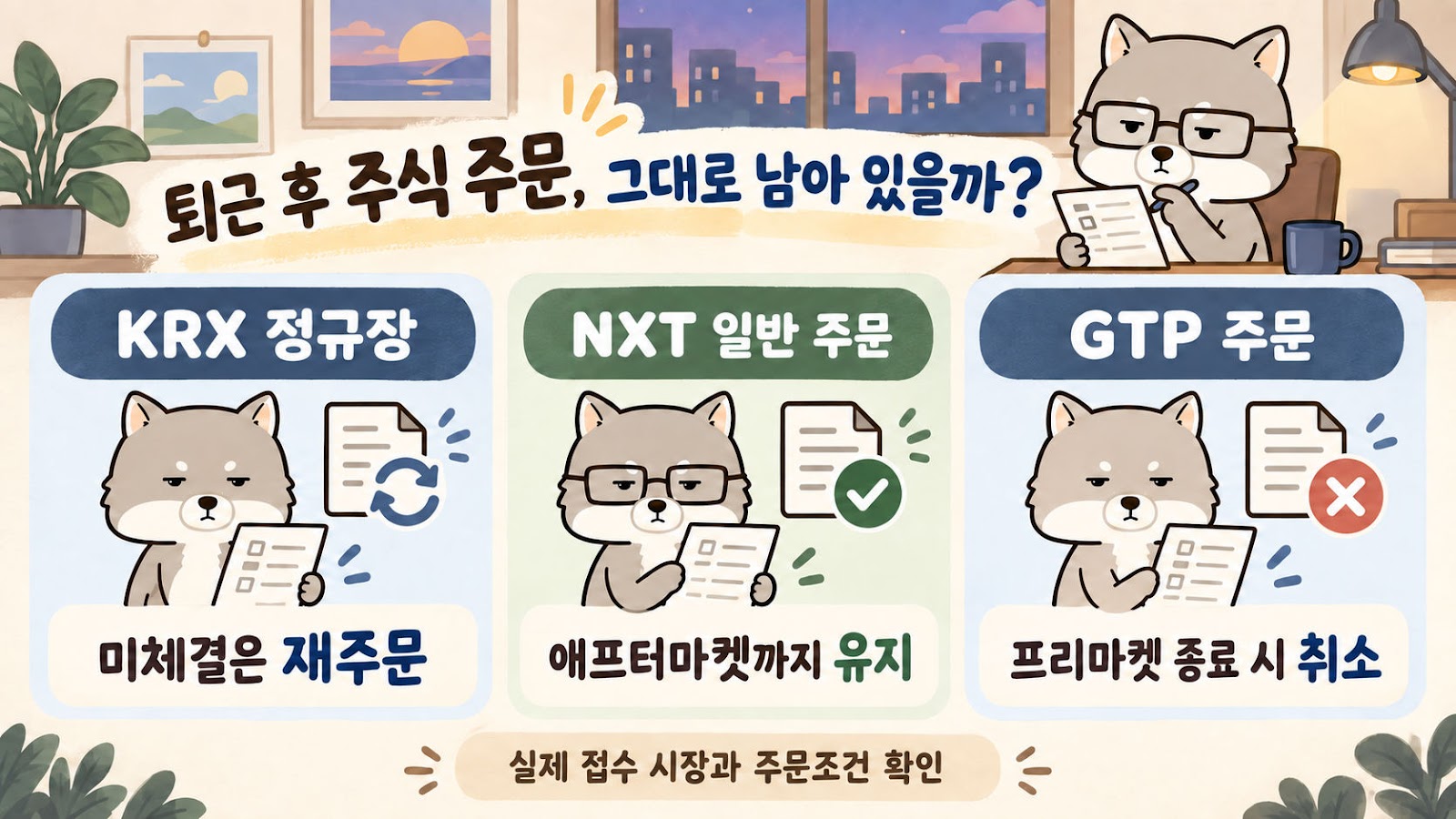 KRX 정규장 미체결은 재주문, NXT 일반 주문은 유지, GTP는 프리마켓 종료 시 취소되는 차이