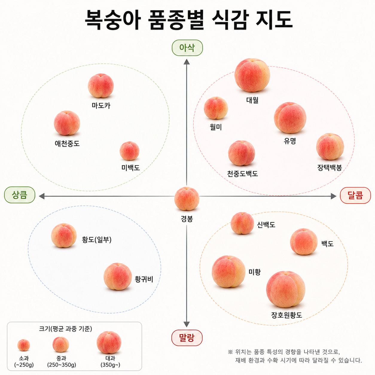 복숭아 품종을 아삭·말랑 식감과 상큼·달콤 맛 성향에 따라 배치하고, 복숭아 크기로 품종별 평균 과중 차이를 나타낸 식감 지도