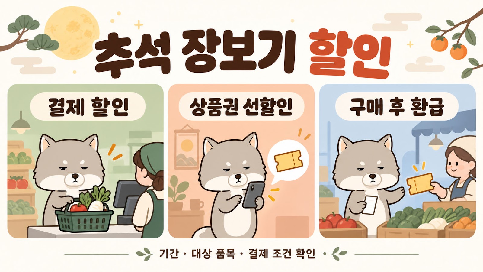 추석 장보기 혜택을 결제 할인, 상품권 선할인, 구매 후 환급으로 구분한 비교 카드
