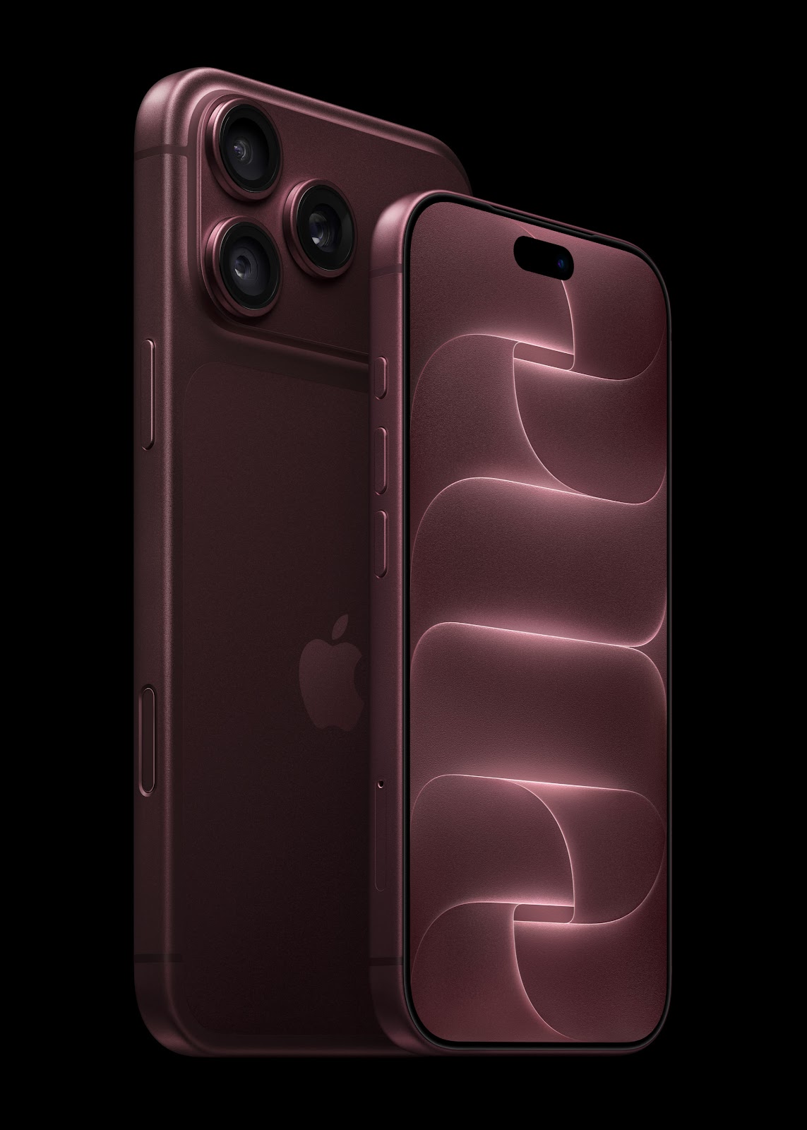 버건디 색상 iPhone 18 Pro의 전면과 후면을 보여주는 Apple 공식 제품 사진