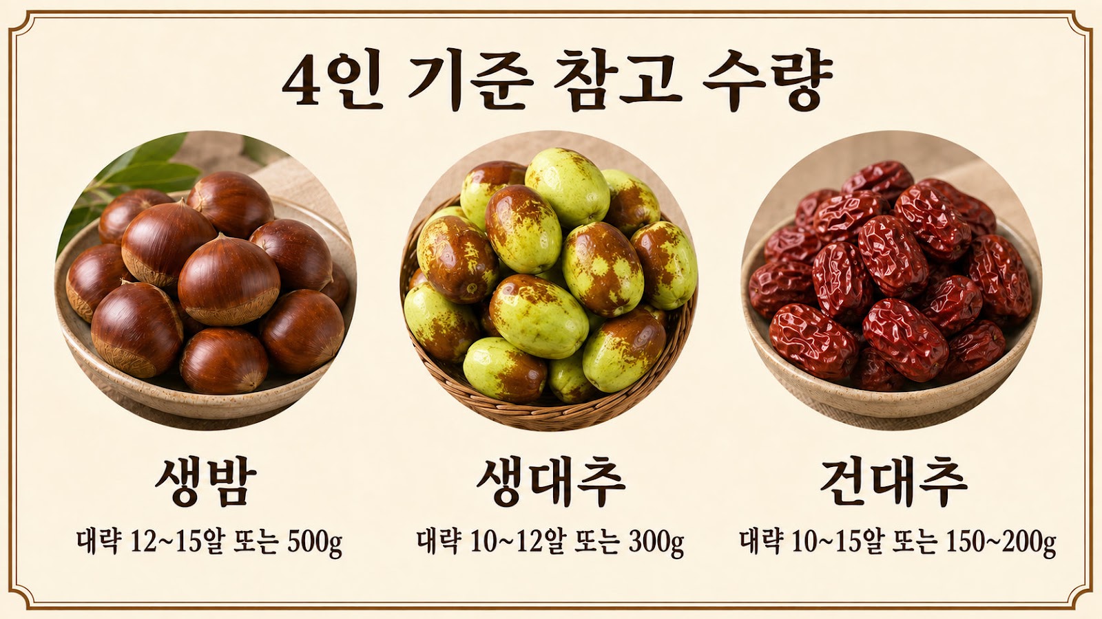 4인 기준 생밤, 생대추, 건대추의 참고 수량 비교