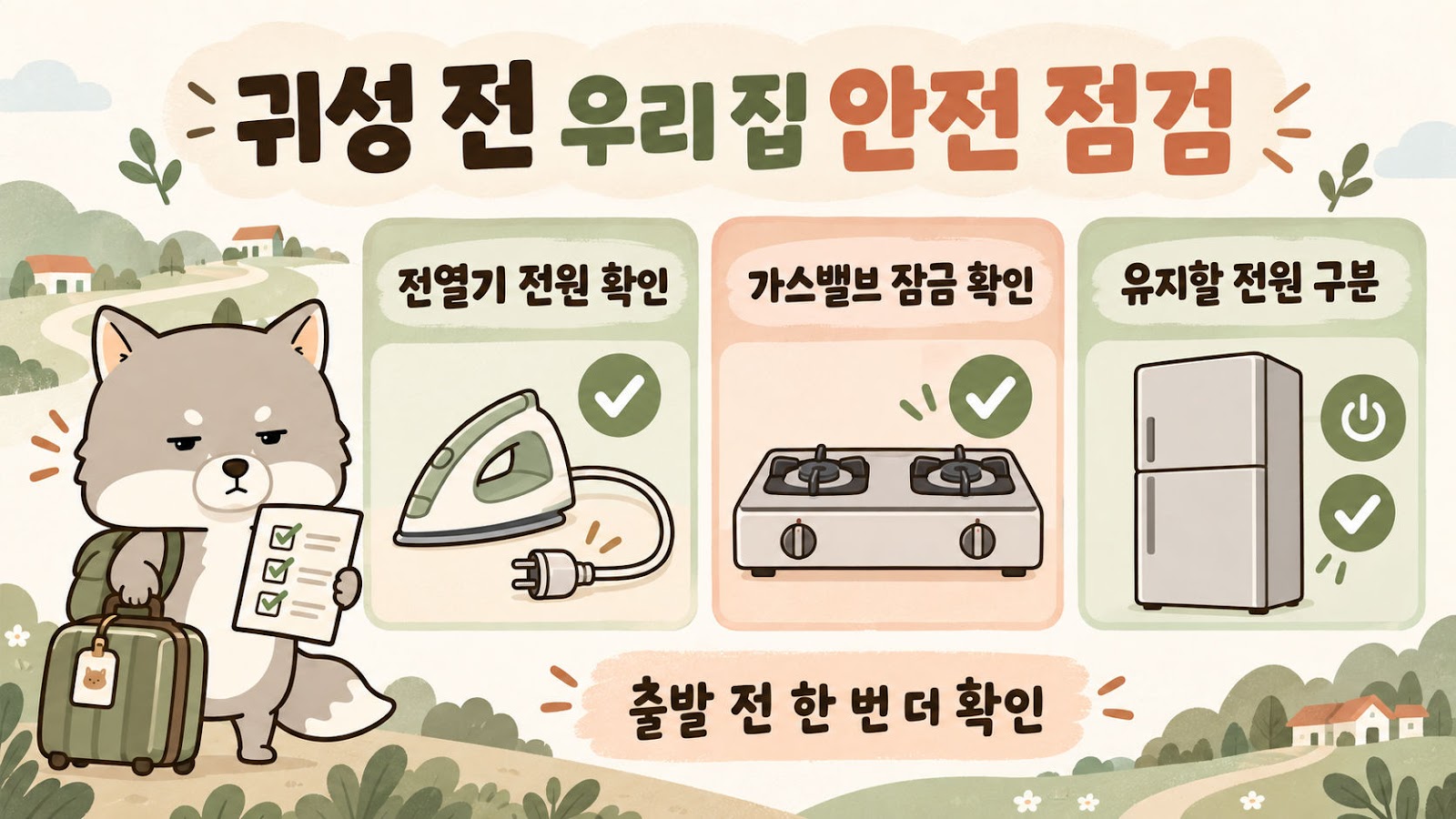 귀성 전 전열기 전원, 가스밸브, 냉장고 등 유지할 전원을 구분해 확인하는 체크리스트